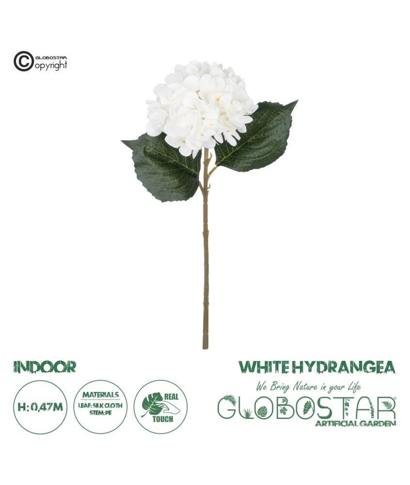 GloboStar® Artificial Garden WHITE HYDRANGEA BRANCH 21173 Τεχνητό Διακοσμητικό Κλαδί Ορτανσίας Λευκό  Y47cm